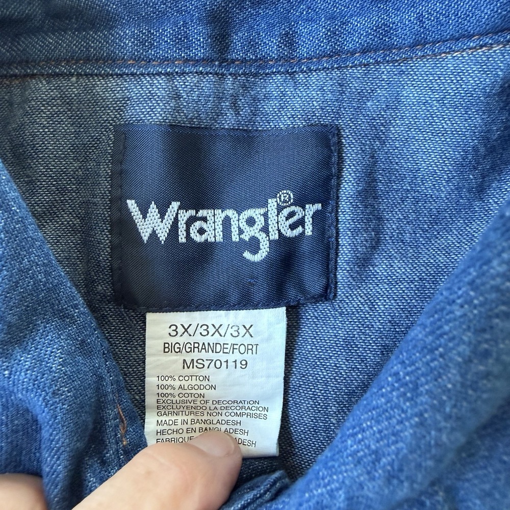 Wrangler Mens 3X Western Denim Shirt Blue Pearl Snap Raw Hem Long Sleeve Big - Picture 3 of 8